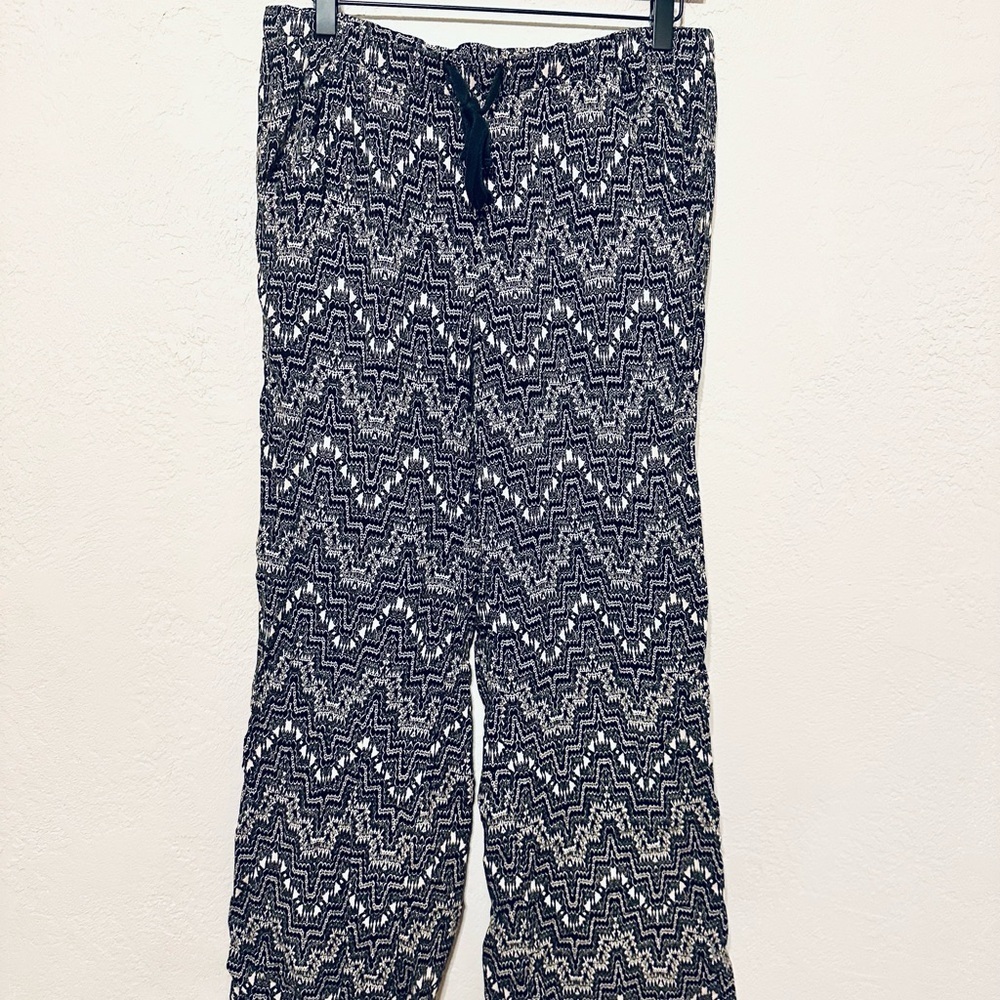 Democracy Monochrome Patterned Black & Tan Wide Leg Pants Large Apparel EUC